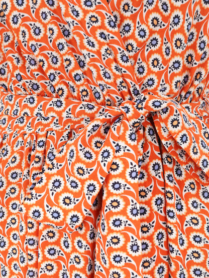 Robe longue empire à épaules volantées imprimé marguerites stylisées - Orange - 3
