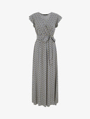 Robe longue empire à épaules volantées imprimé marguerites stylisées - Marine - 4
