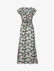 Robe longue empire à épaules volantées imprimé aquarelle florale - Noir - 5