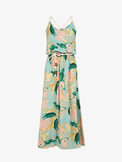 Robe longue imprimé feuilles tropicales à bretelles en cordelettes - Vert anis - 4
