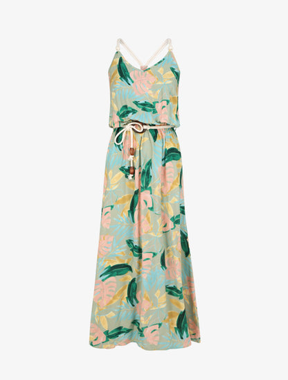 Robe longue imprimé feuilles tropicales à bretelles en cordelettes - Vert anis - 4