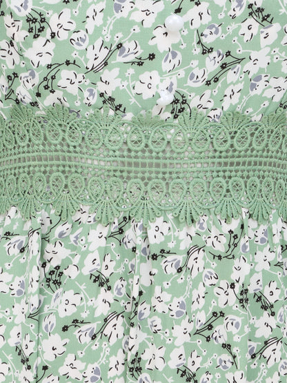 Robe longue imprimée petites fleurs à boutons décoratifs - Vert - 3