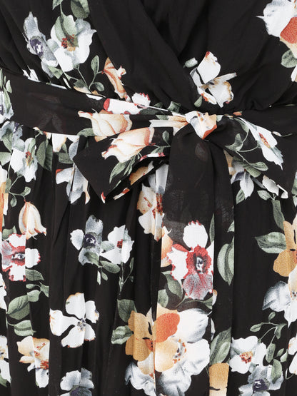 Robe longue cintrée imprimé fleurs - Noir - 3