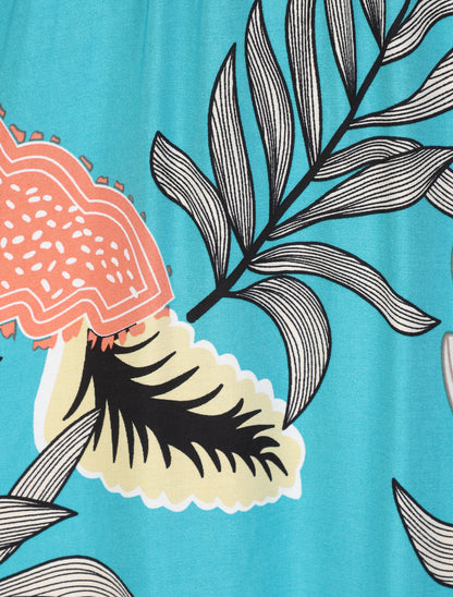 Robe longue empire imprimé plantes tropicales à bretelles - Bleu turquoise - 3