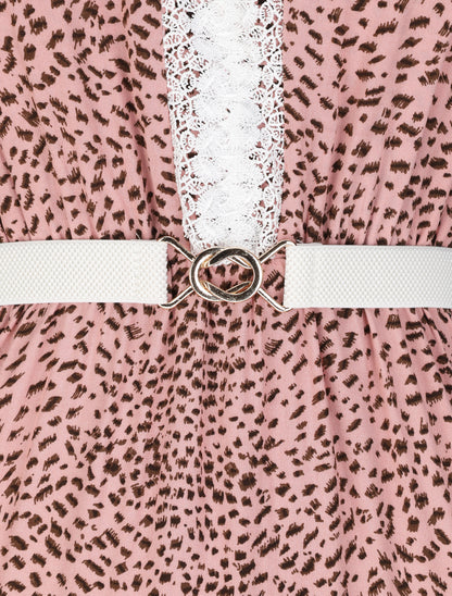Robe longue patineuse à col dentelle et imprimé moucheté - Rose - 3