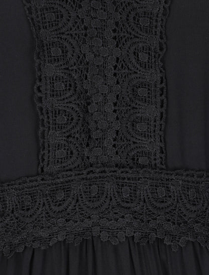 Robe longue évasée unie à col en crochet - Noir - 3