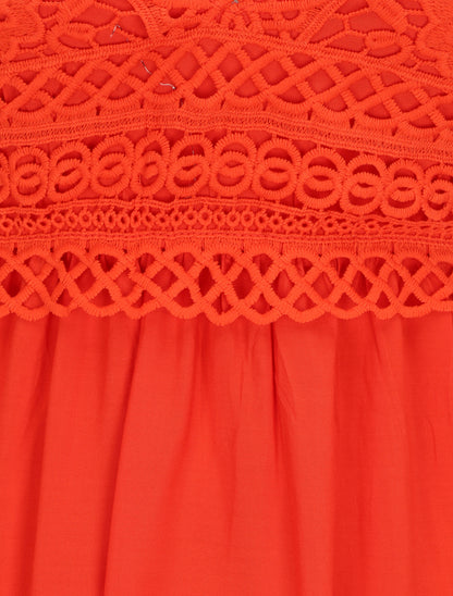 Robe courte à bretelles et dentelle - Corail - 3