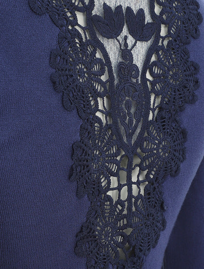 Pull à col rond et dos en dentelle - Bleu - 3