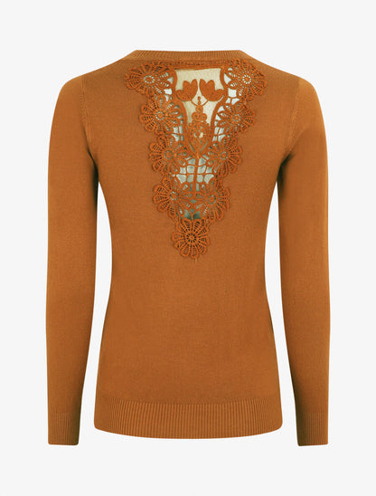 Pull à col rond et dos en dentelle - Camel - 3