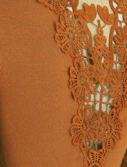 Pull à col rond et dos en dentelle - Camel - 4