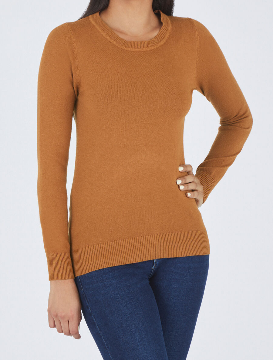 Pull à col rond et dos en dentelle - Camel - 5