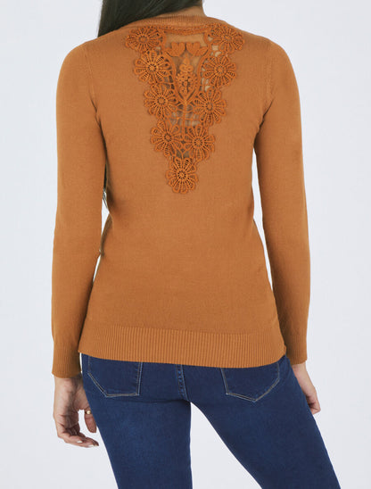 Pull à col rond et dos en dentelle - Camel - 1