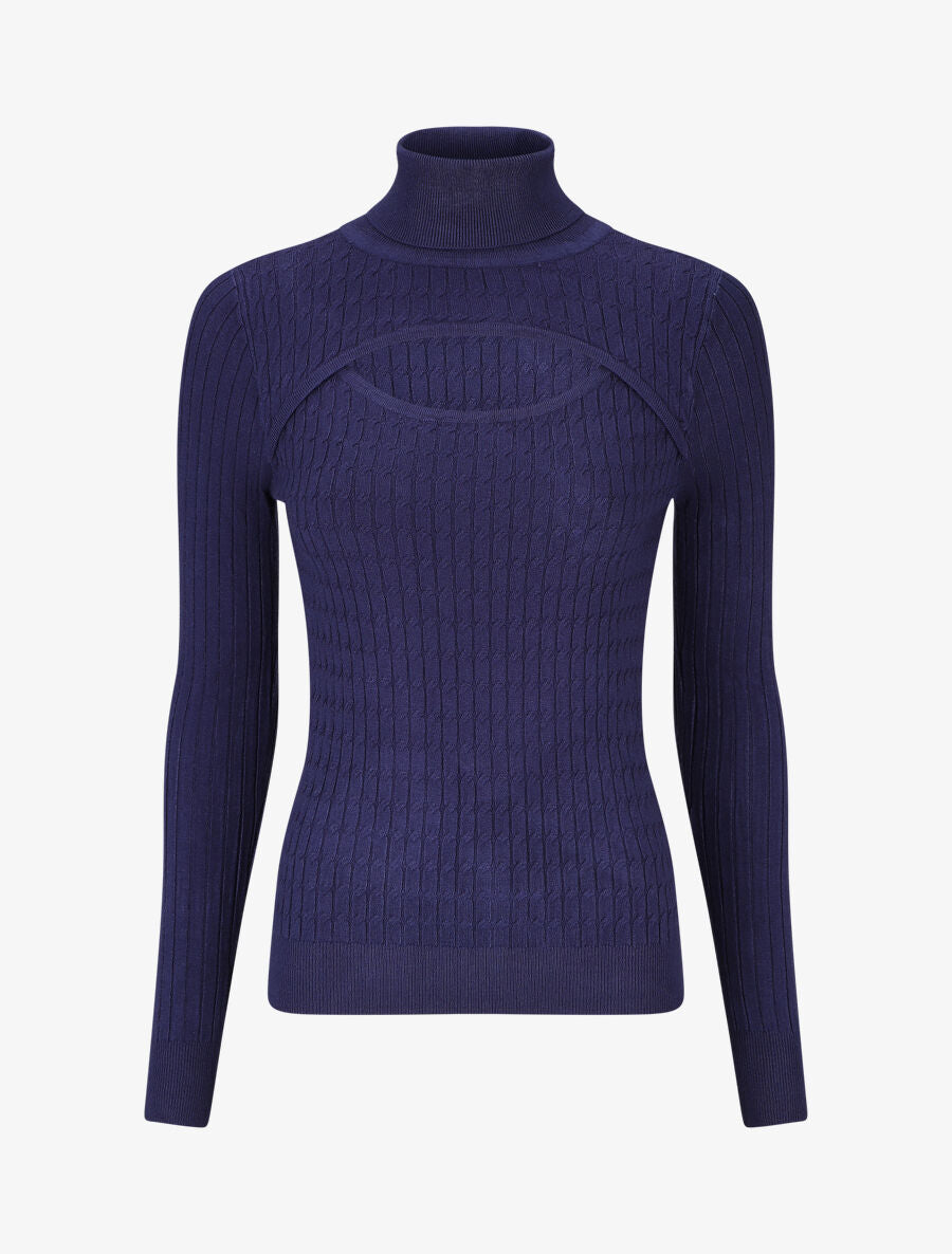 Pull col montant et decolleté ajouré - Marine - 1