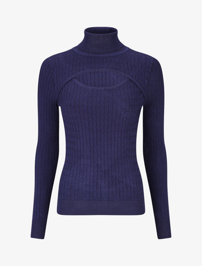 Pull col montant et decolleté ajouré - Marine - 1