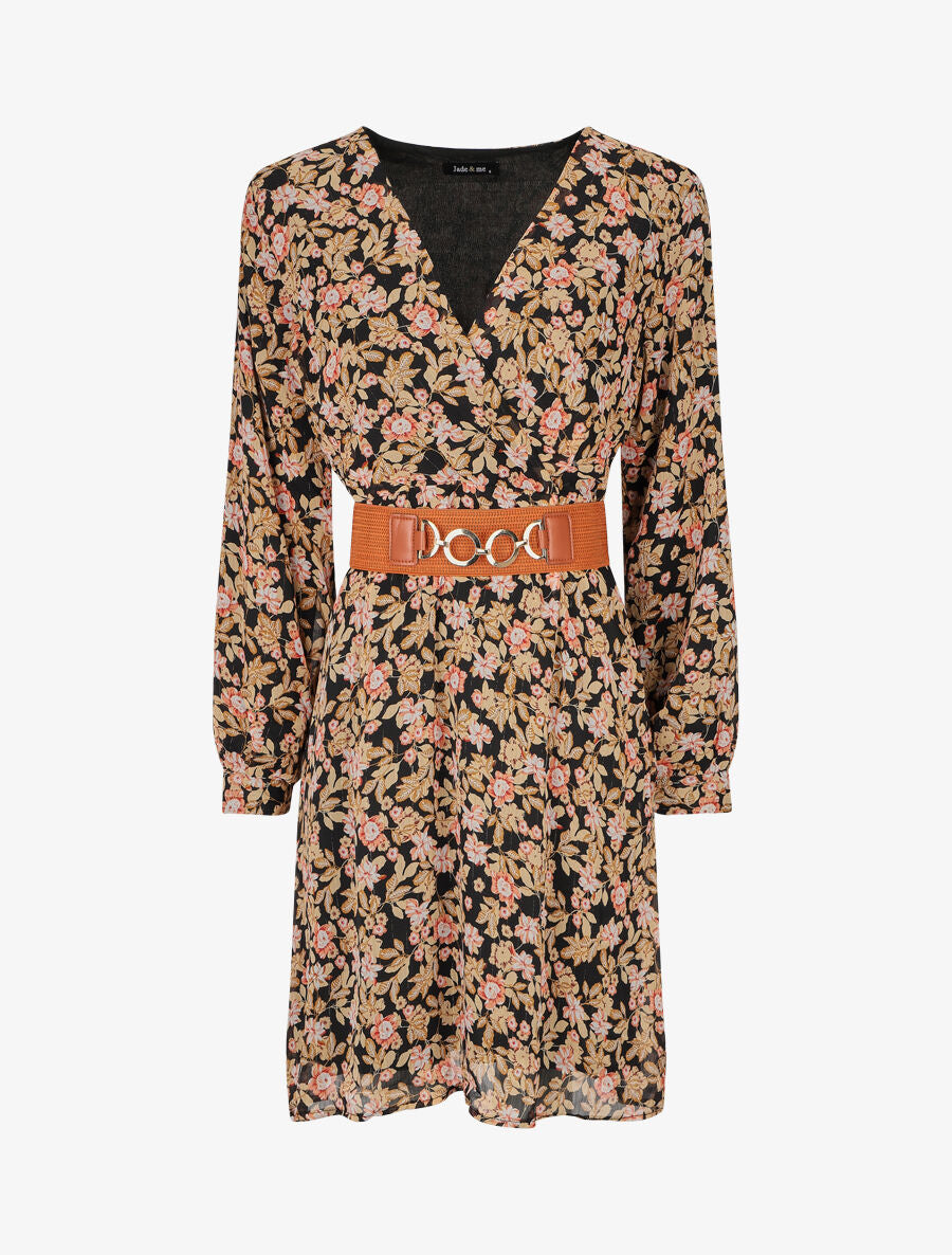 Robe mi-longue à imprimé fleuri et détail irisée - Noir - 1