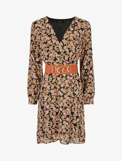 Robe mi-longue à imprimé fleuri et détail irisée - Noir - 1