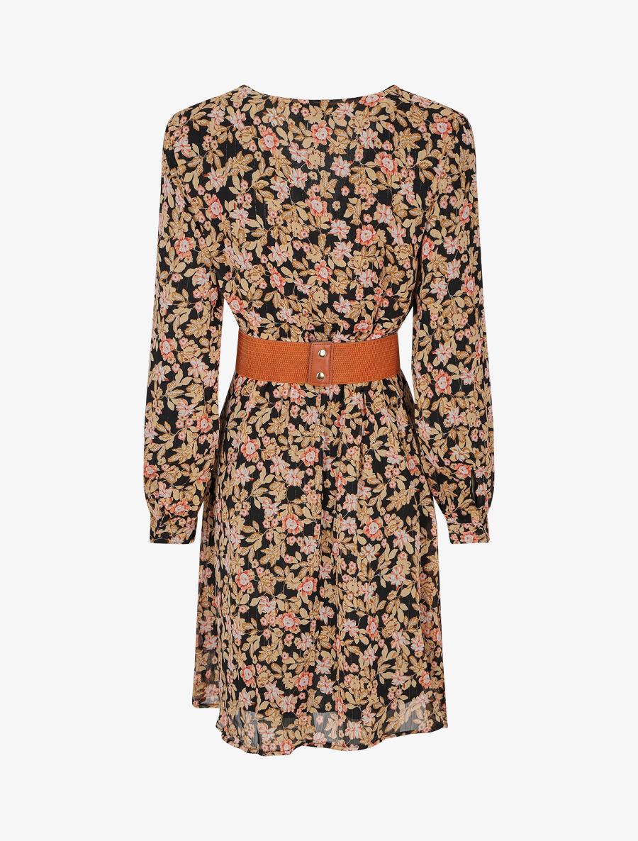 Robe mi-longue à imprimé fleuri et détail irisée - Noir - 2