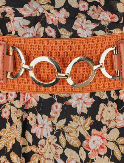 Robe mi-longue à imprimé fleuri et détail irisée - Noir - 3