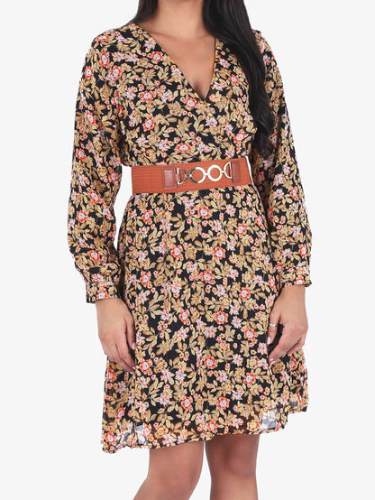 Robe mi-longue à imprimé fleuri et détail irisée - Noir - 4