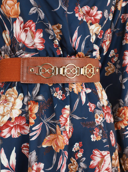 Robe satinée à imprimée floral - Marine - 3