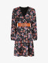 Robe satinée fleuri col cache-coeur - Noir - 1