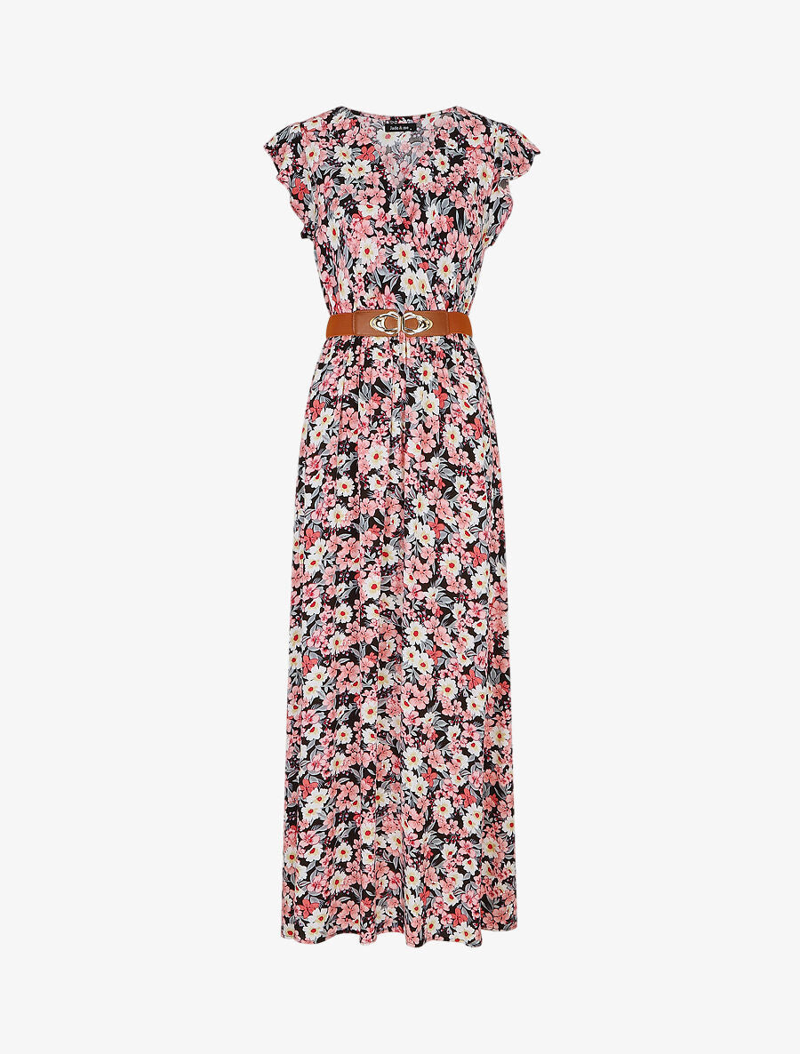 Robe longue imprimé fleuri à manches volantées - Noir - 1