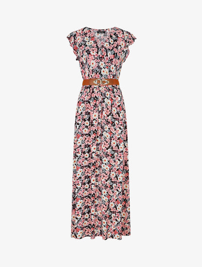 Robe longue imprimé fleuri à manches volantées - Noir - 1