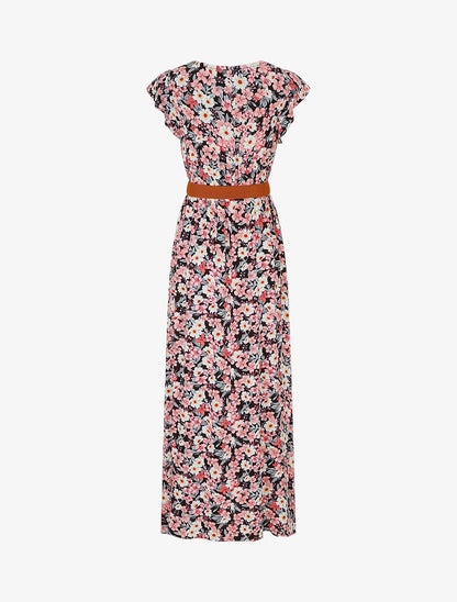 Robe longue imprimé fleuri à manches volantées - Noir - 2