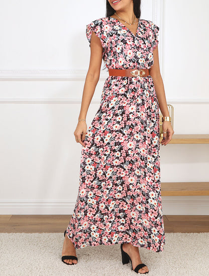 Robe longue imprimé fleuri à manches volantées - Noir - 4