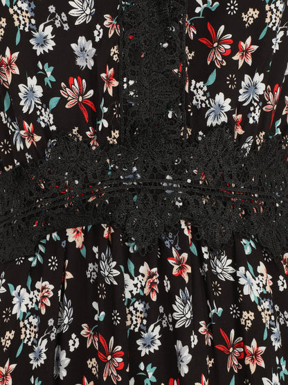 Robe longue à col dentelle et imprimé fleuri - Noir - 3