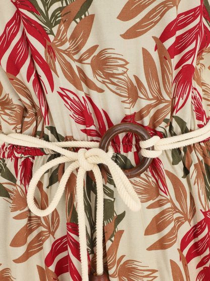 Robe longue empire à imprimé feuilles - Beige - 3