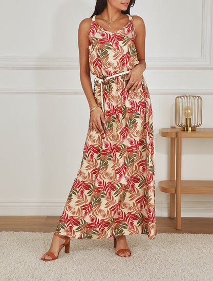 Robe longue empire à imprimé feuilles - Beige - 4