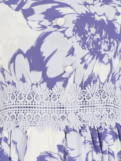 Robe longue imprimé fleurs et dentelle - Violet - 3