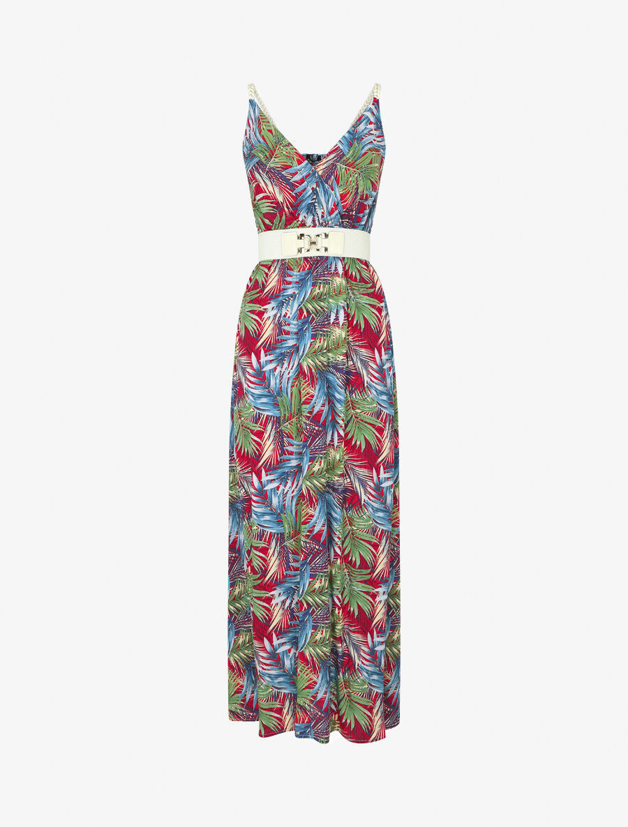 Robe longue élastiquée imprimé feuilles - Bleu - 5