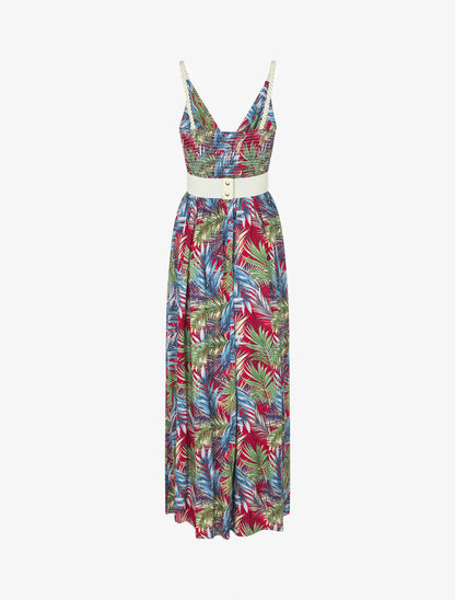 Robe longue élastiquée imprimé feuilles - Bleu - 2