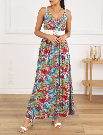 Robe longue élastiquée imprimé feuilles - Bleu - 4