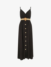 Robe longue unie à bretelles et boutons - Noir - 1