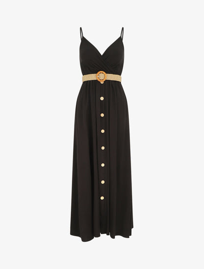 Robe longue unie à bretelles et boutons - Noir - 1