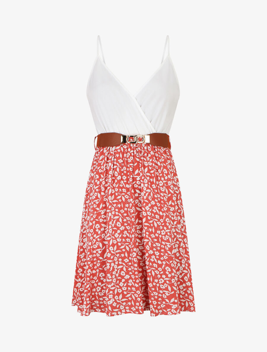 Robe mi-longue fleurie à fines bretelles - Rose - 1