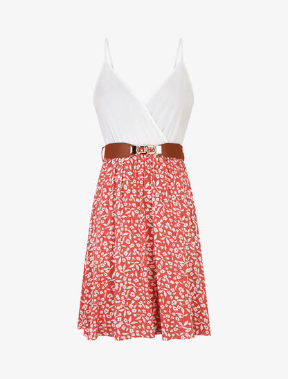 Robe mi-longue fleurie à fines bretelles - Rose - 1