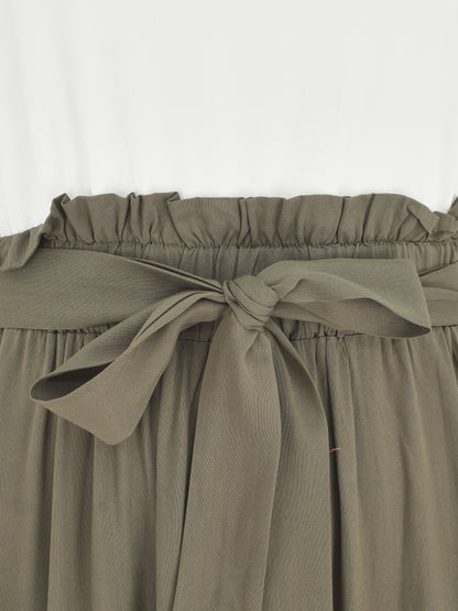 Robe longue évasée sans manches bicolore - Kaki - 3