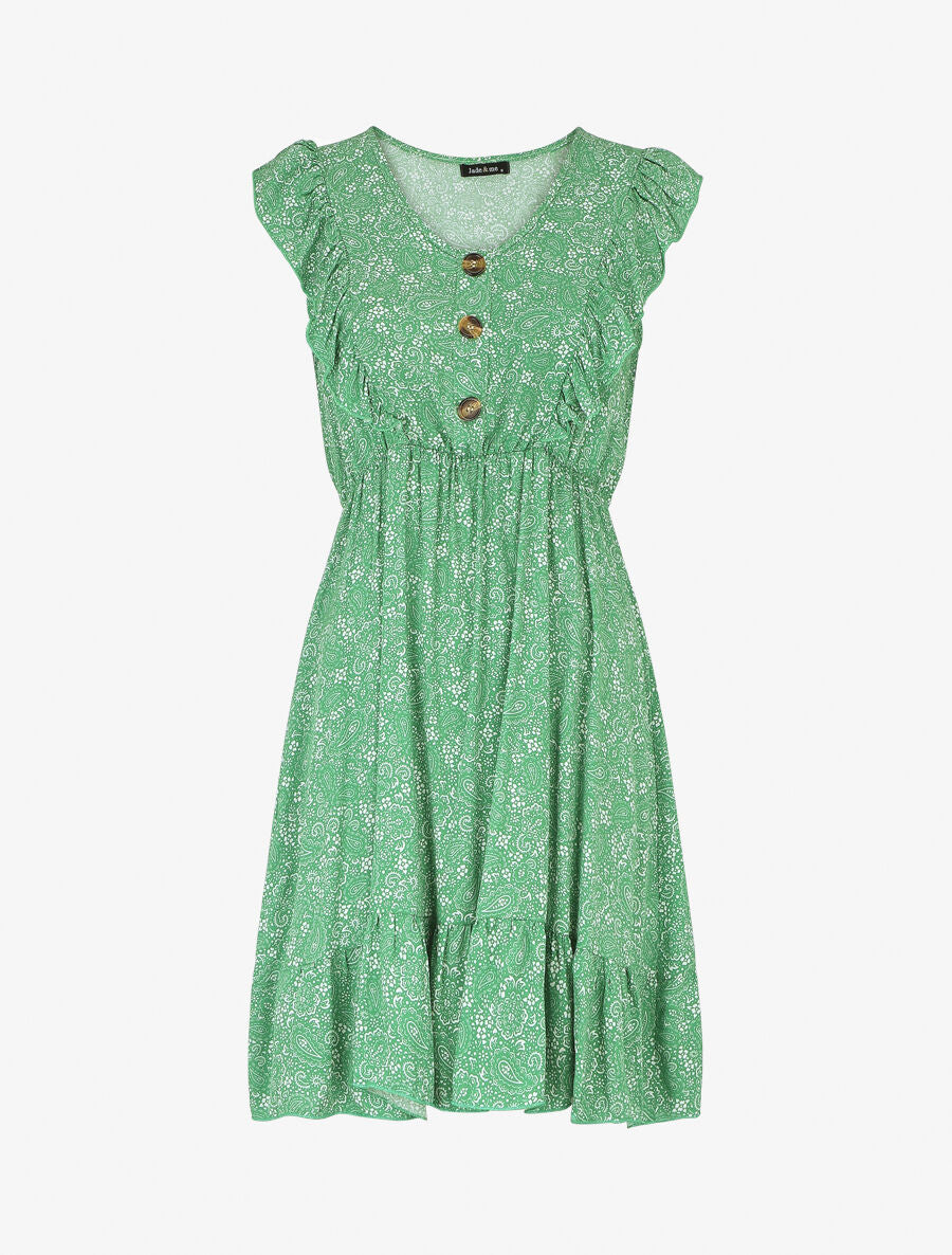 Robe mi-longue volantées imprimé cachemire - Vert - 1
