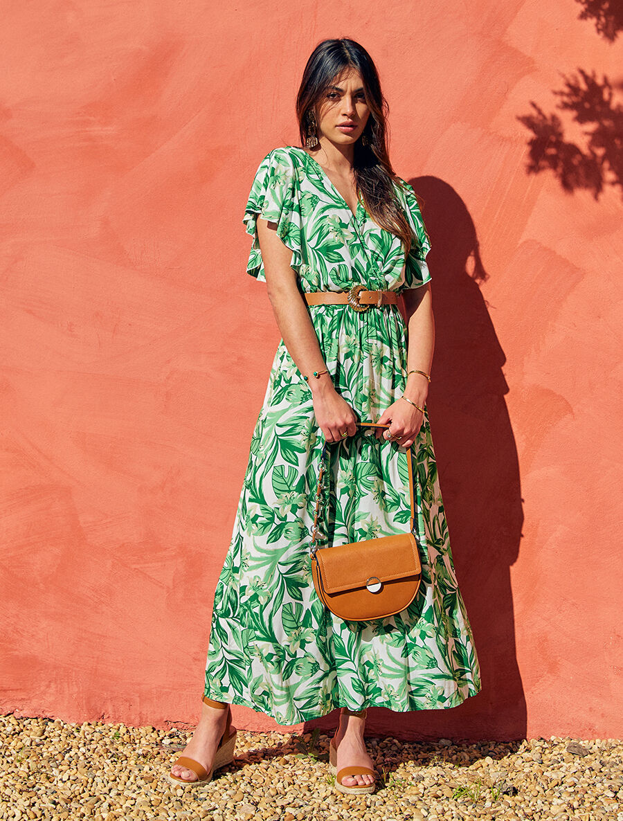 Robe longue manches courtes imprimé floral - Vert - 4