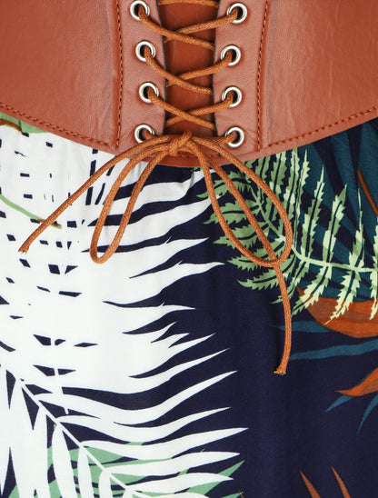 Jupe longue évasée imprimé tropical - Marine - 3