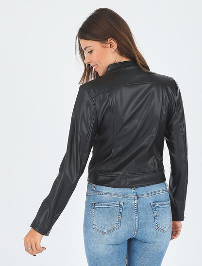 Veste style perfecto coupe droite en simili - Noir - 5