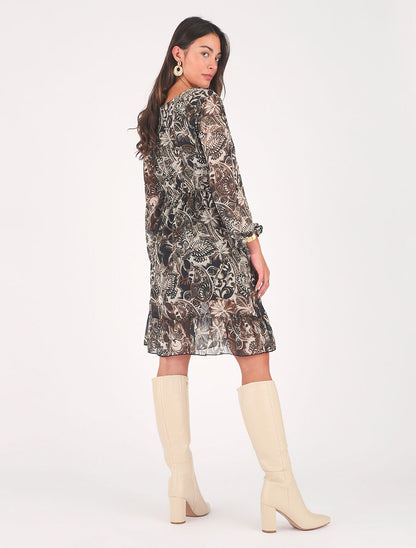 Robe élastiquée imprimé foulard - Noir - 5