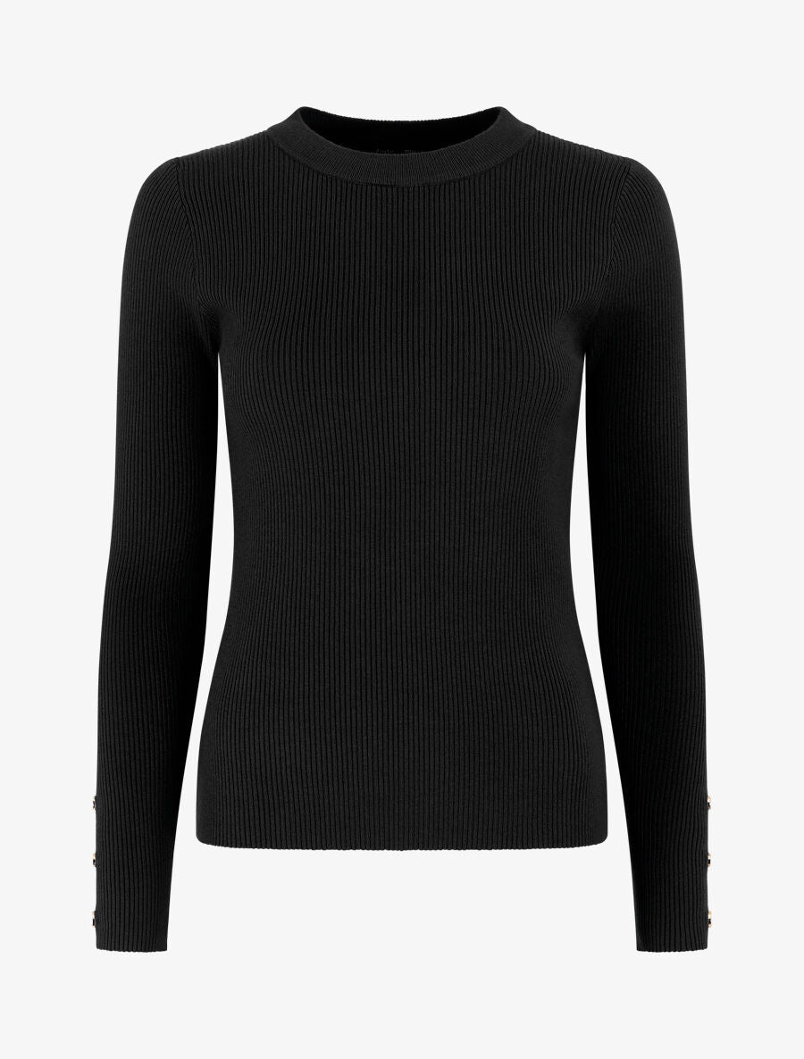 Pull côtelé à boutons décoratifs aux manches - Noir - 4