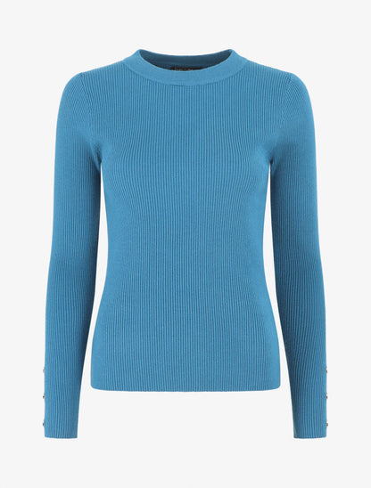 Pull côtelé à boutons décoratifs aux manches - Bleu canard - 4