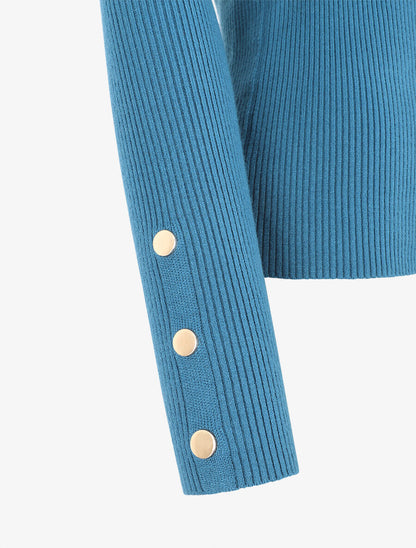Pull côtelé à boutons décoratifs aux manches - Bleu canard - 3