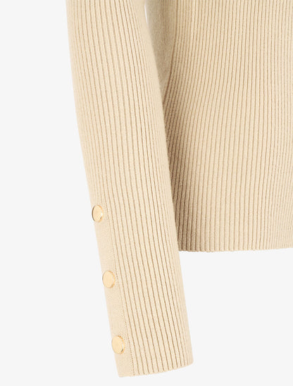 Pull côtelé à boutons décoratifs aux manches - Beige - 3